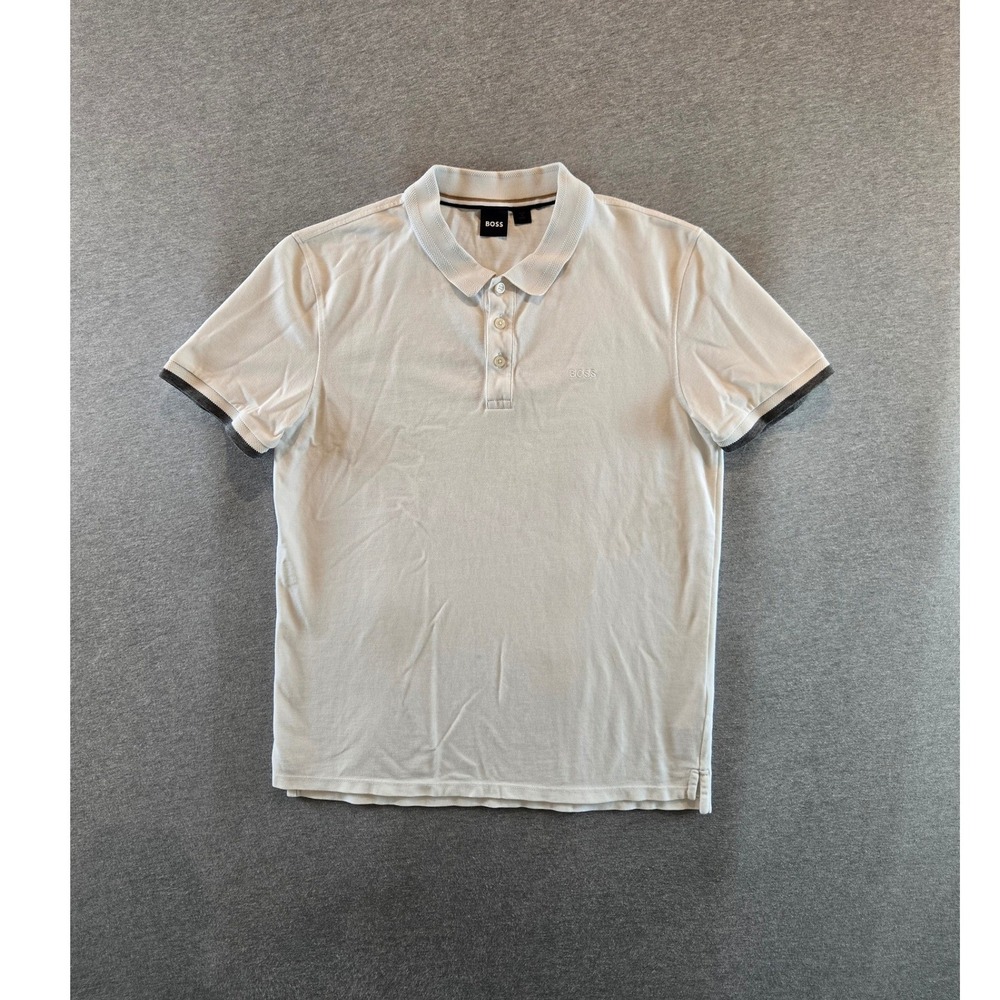 Hugo Boss Phillipson 38 Polo Shirt Mens Large Off-White Tipped Short Sleeve